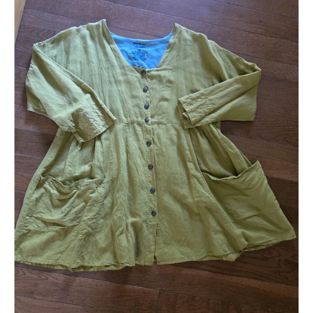 Gudrun Sjoden Green Linen Cotton Blend Tunic Top Size M oversized Lagenlook